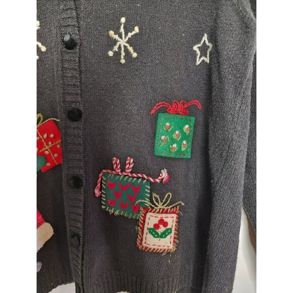 Talbots Ugly Christmas Sweater Cardigan Black Santa Applique Petite Small Ramie - Picture 7 of 8